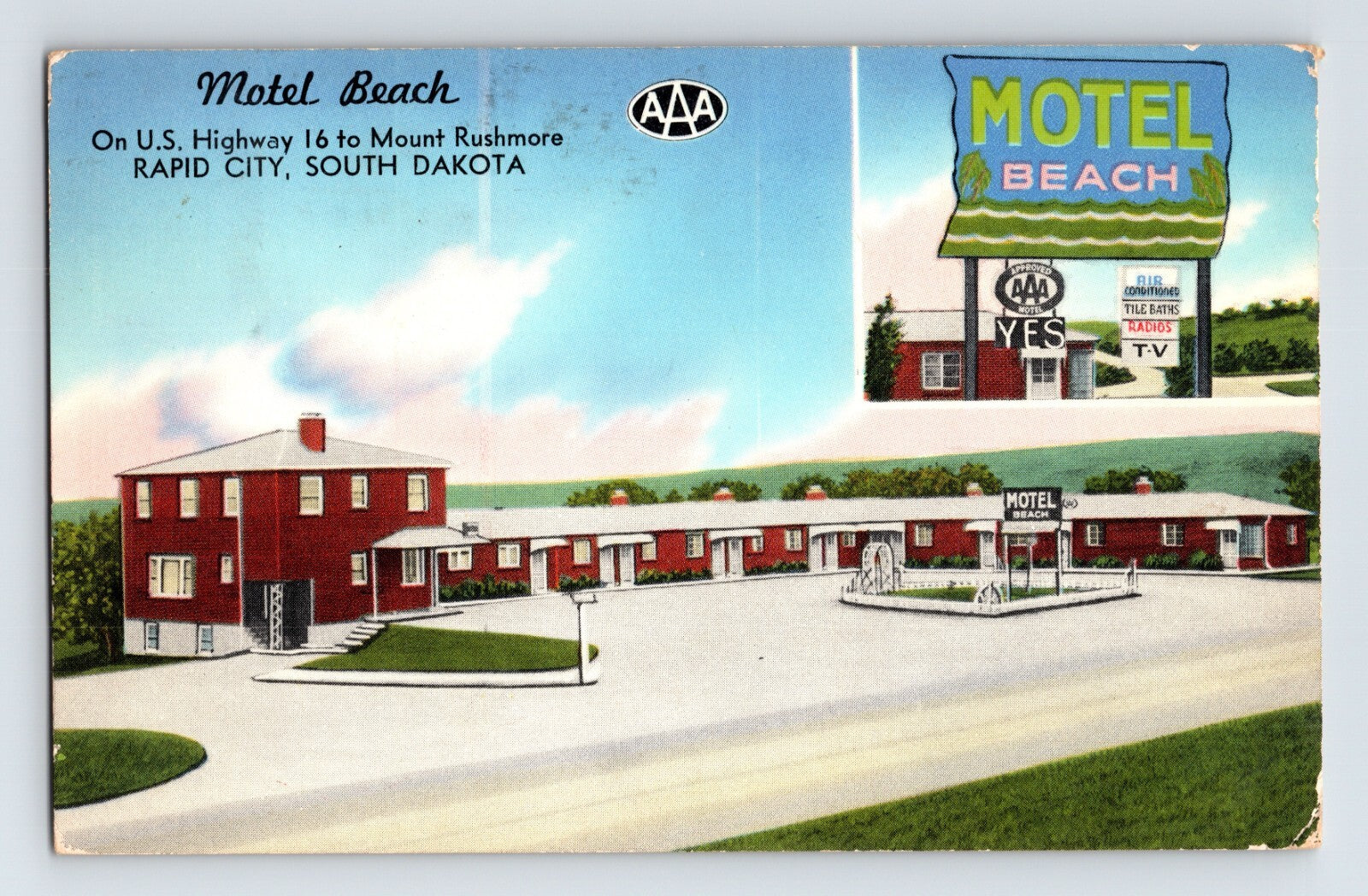Rapid City South Dakota Motel Beach 1958 postcard with roadside motel buildings and large neon style sign