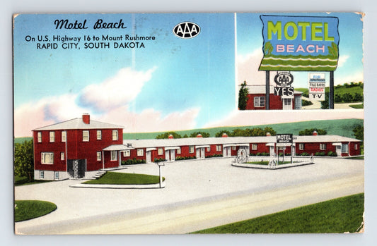 Rapid City South Dakota Motel Beach 1958 postcard with roadside motel buildings and large neon style sign