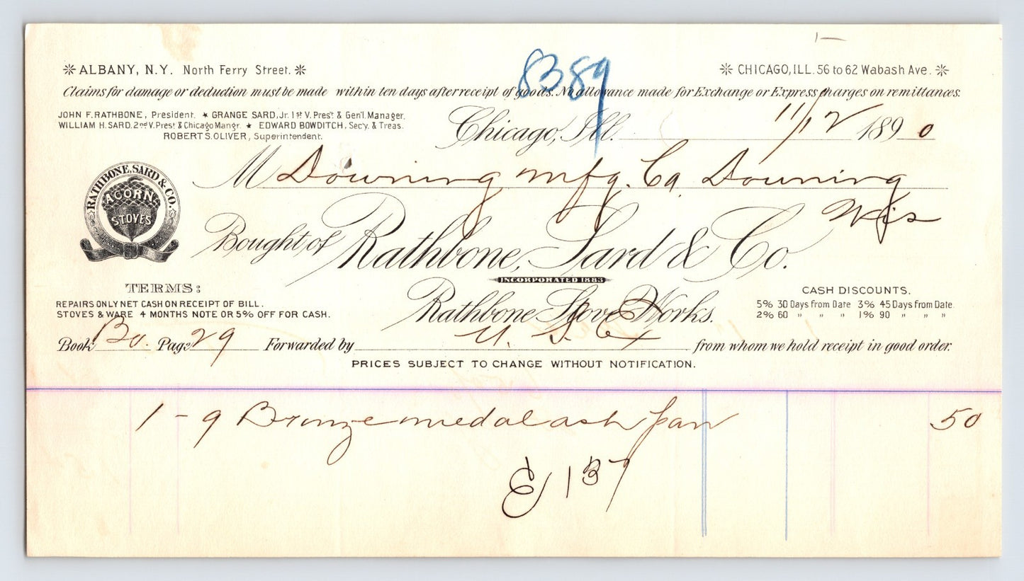 Albany New York 1890 Rathbone Sard Company stove billhead with Chicago transaction and handwritten order details