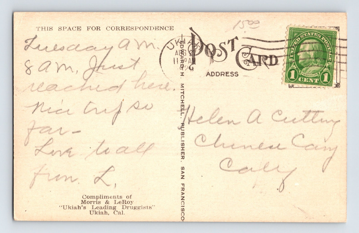 Ukiah California Hotel Cecille Cars 1928 Postcard Posted Divided Back