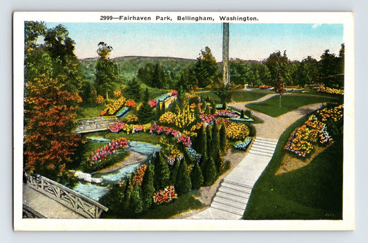 Bellingham Washington Fairhaven Park gardens paths bridge flowers 1930s postcard