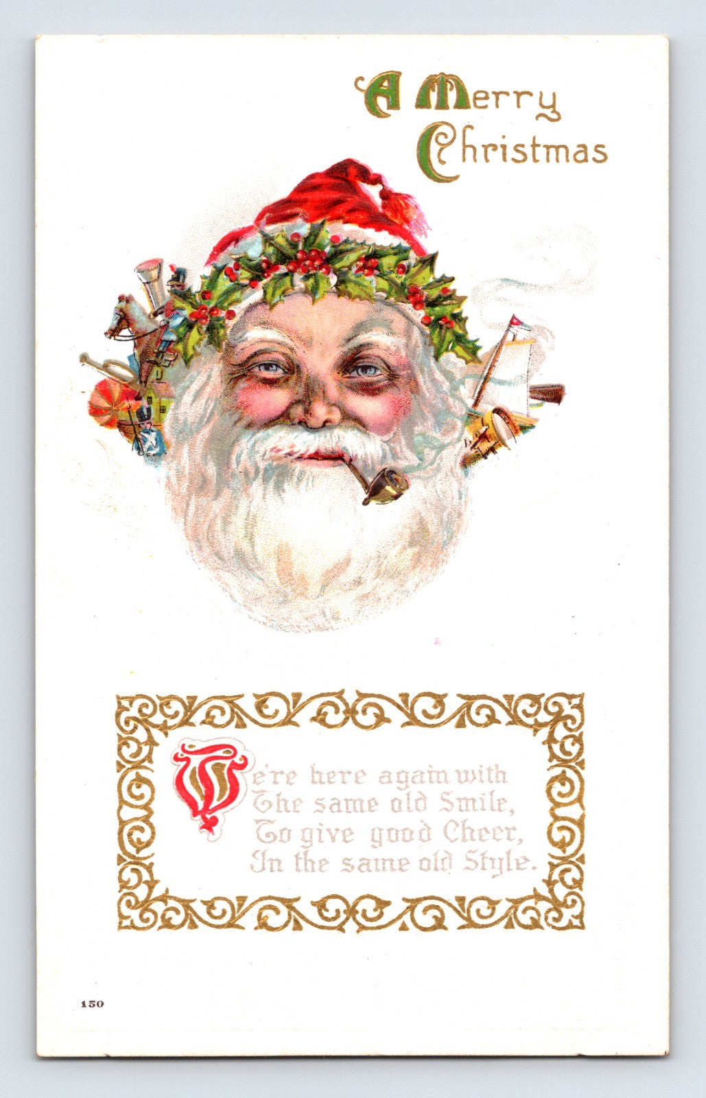 Embossed Santa Claus face with holly wreath and toy imagery Victorian-era Christmas postcard with decorative gold typography.