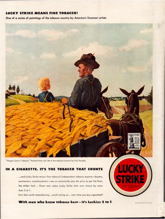 Lucky Strike cigarettes 1942 print ad tobacco farm wagon farmer child mule vintage advertising