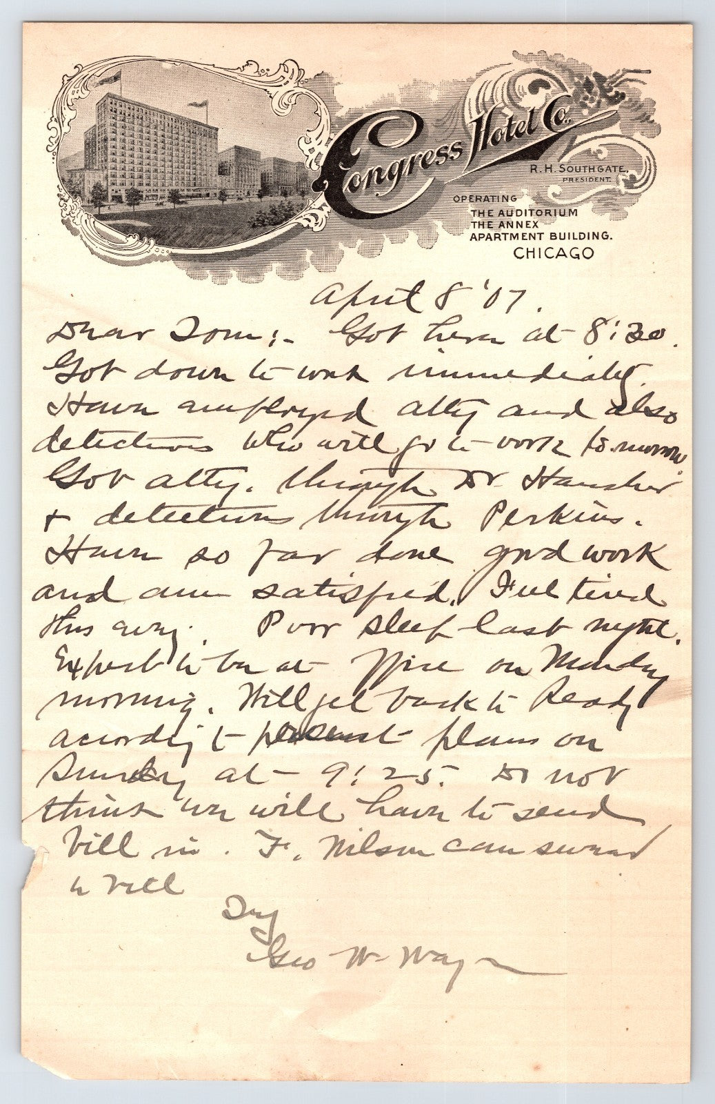 Chicago Illinois Congress Hotel illustrated letterhead with handwritten letter dated 1907
