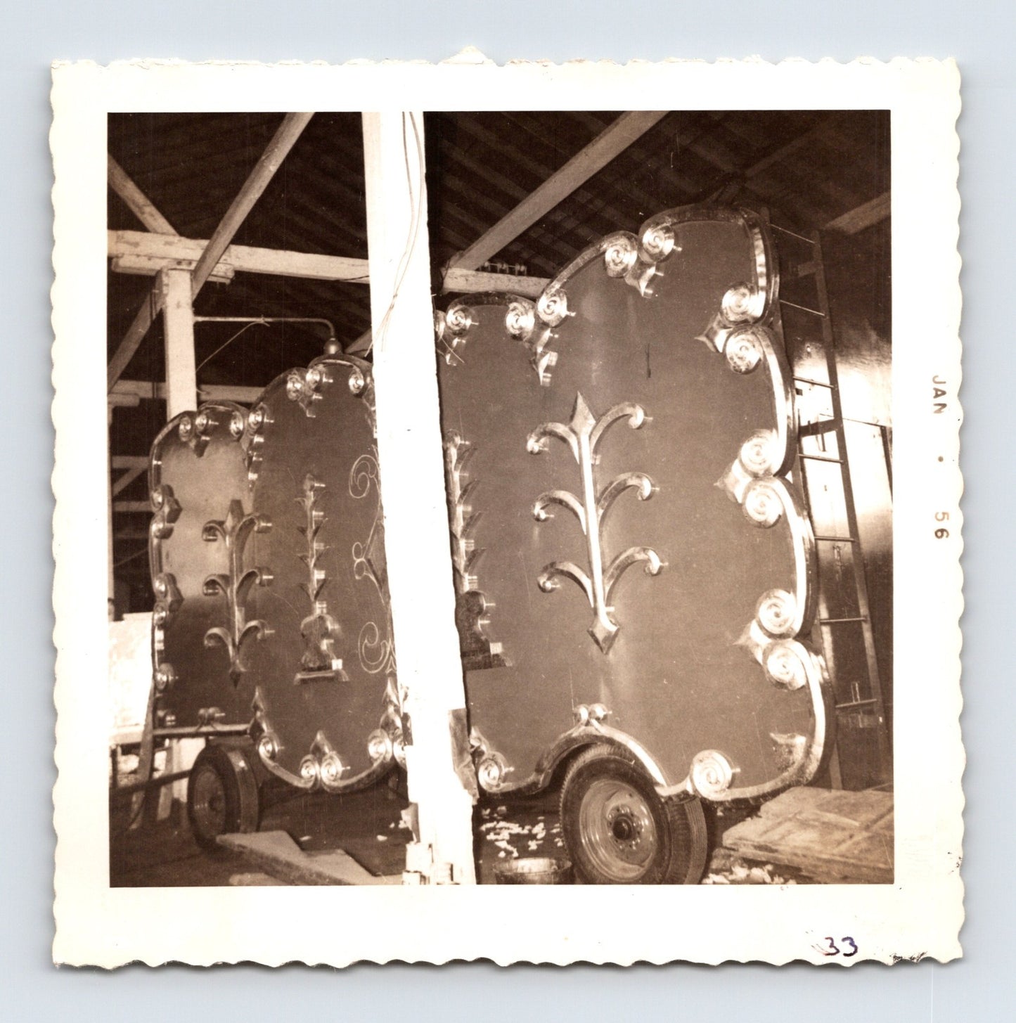 King Bros Circus 1956 photo ornate circus wagon panels inside barn winter quarters