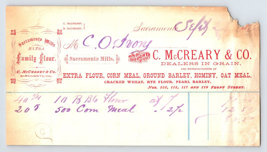 Sacramento California 1870s McCreary Grain Flour Billhead 8 x 4.5
