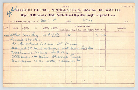 Chicago Illinois Chicago St Paul Minneapolis Omaha Railway freight report form 1906