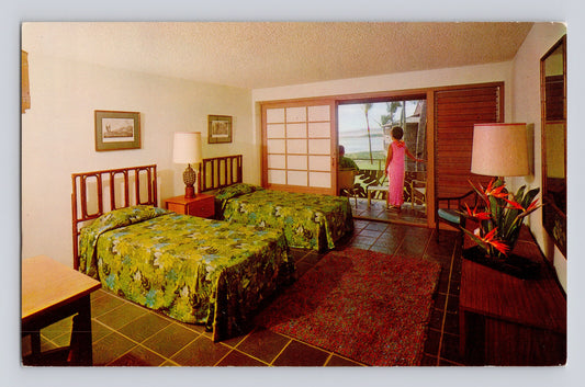 Kauai Hawaii Poipu Beach hotel room mid century beds sliding door ocean view postcard
