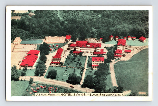 Loch Sheldrake New York Hotel Evans aerial view with red roof resort buildings and grounds 1950s postcard