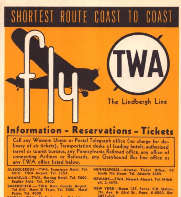 TWA Trans World Airlines 1934 Linbergh Line  System Time Table Booklet