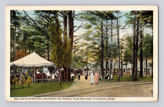 Fitchburg Massachusetts Whalom Park Merry Go Round Roller Skating 1930s Postcard