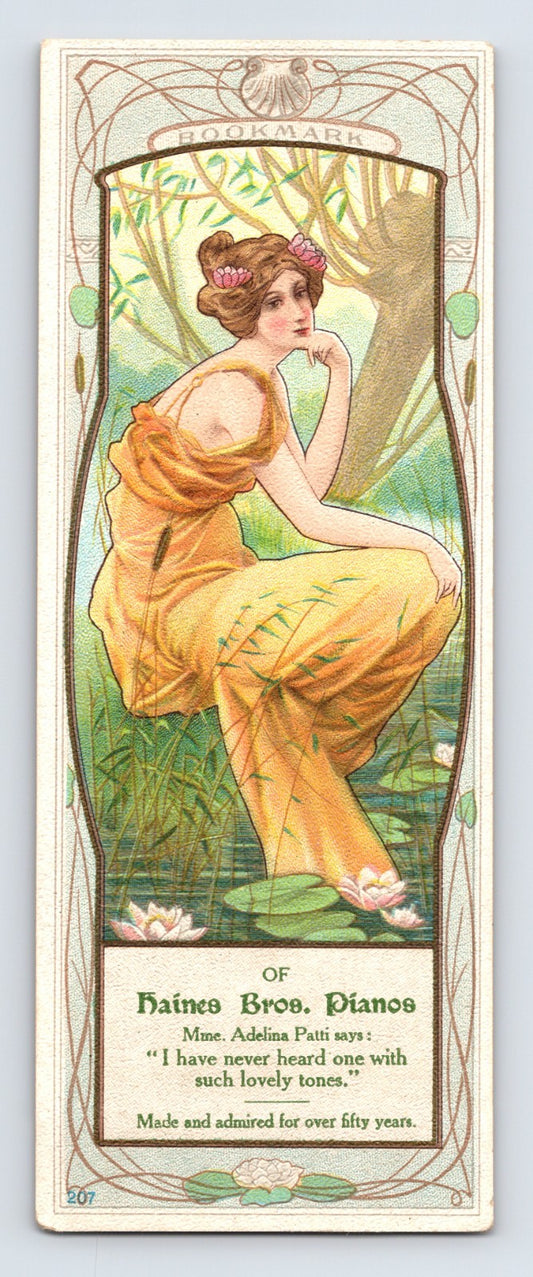Haines Bros Pianos woman portrait 1900s Victorian bookmark trade card Kingston New York, 6 x 2.5