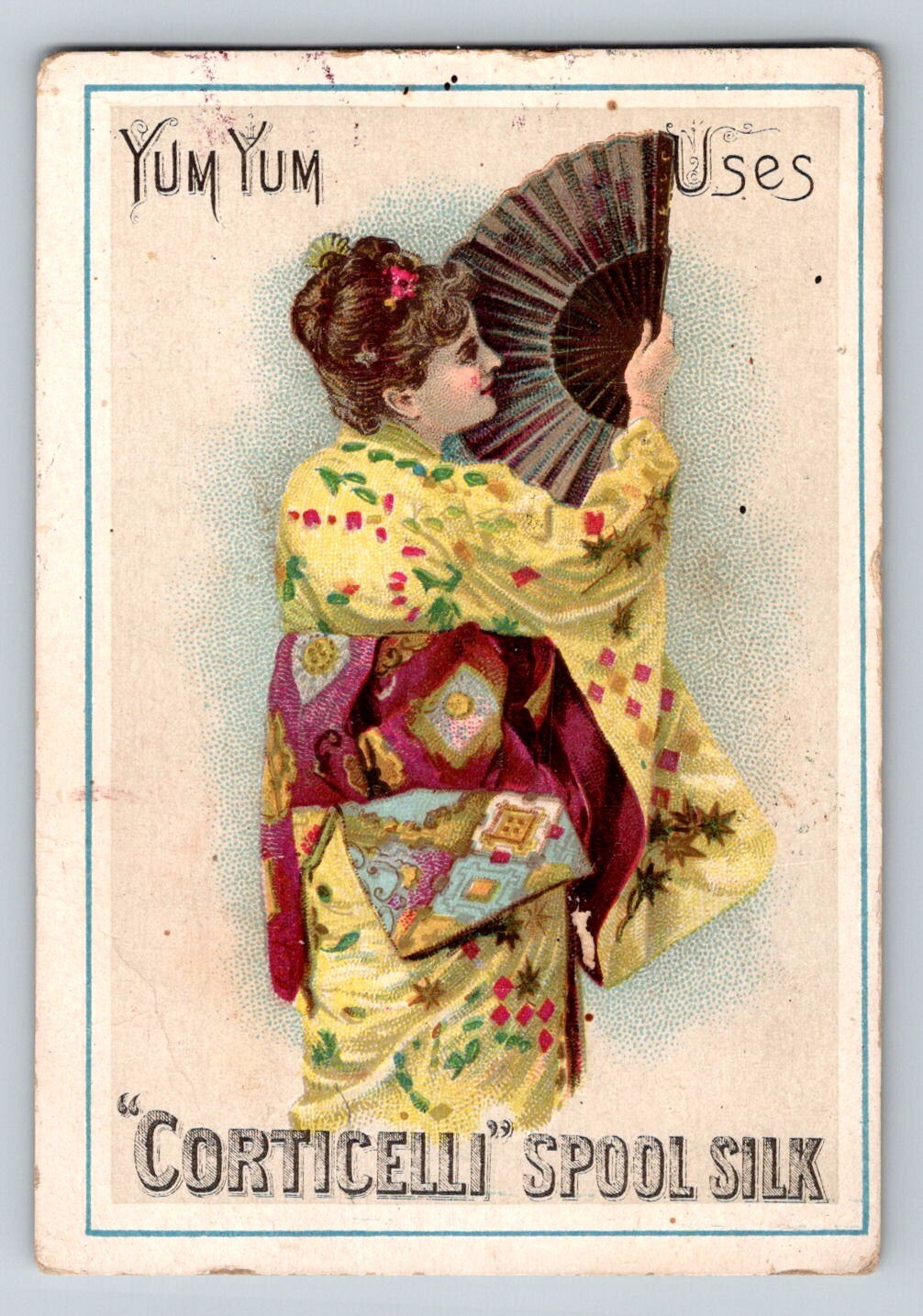 Corticelli Spool Silk Asian Lady Fan Yum Yum 1890s Victorian Trade Card - 3 x 4