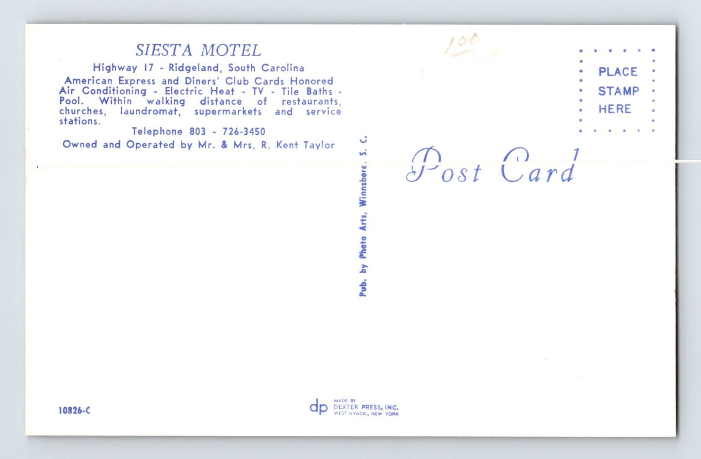 Ridgeland South Carolina Siesta Motel 1960s Postcard Unposted Chrome
