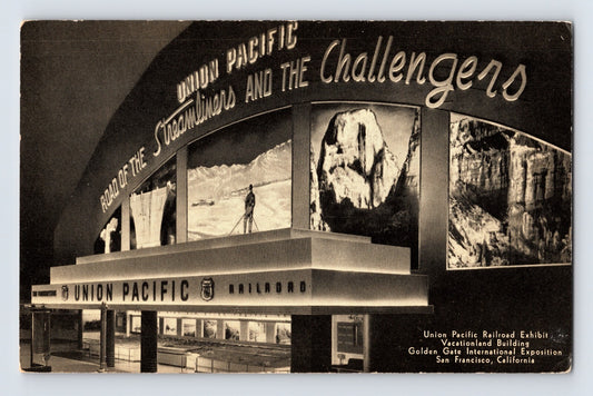 Postcard front shows Union Pacific Railroad exhibit Vacationland Building Golden Gate International Exposition San Francisco California 1940s unposted