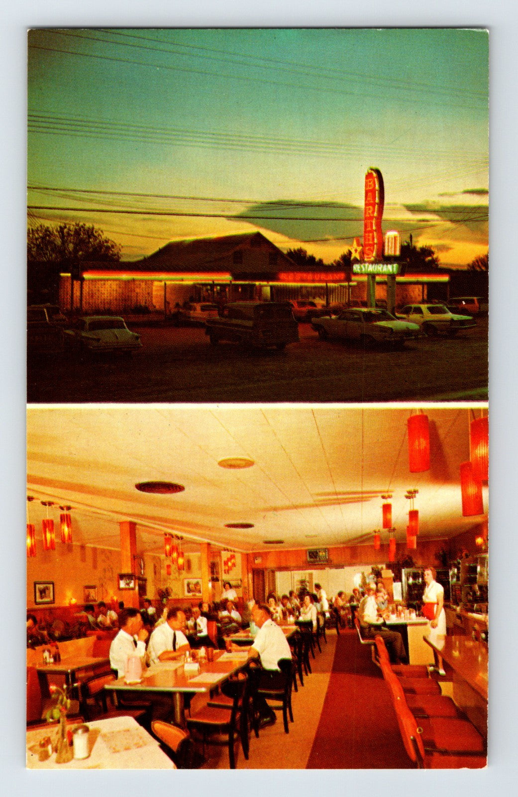 Kenedy Texas Barths Restaurant neon sign night interior dining 1960s chrome postcard