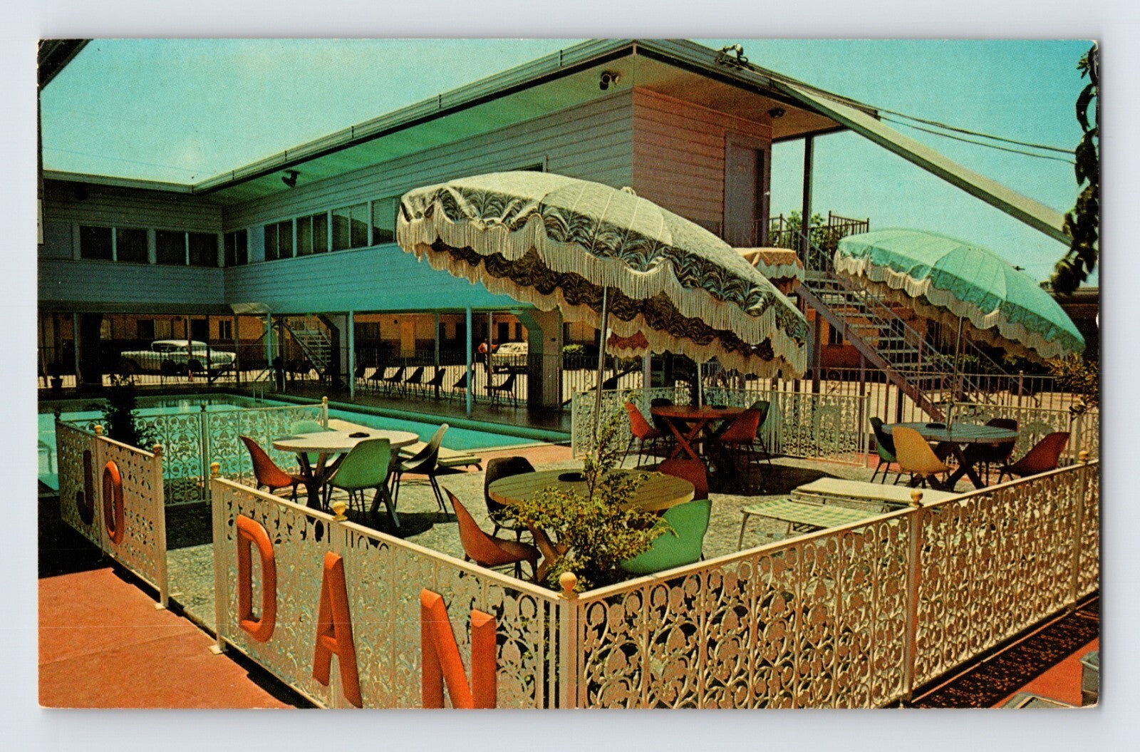 Shreveport Louisiana Jo-Dan Motel swimming pool patio 1960s chrome postcard