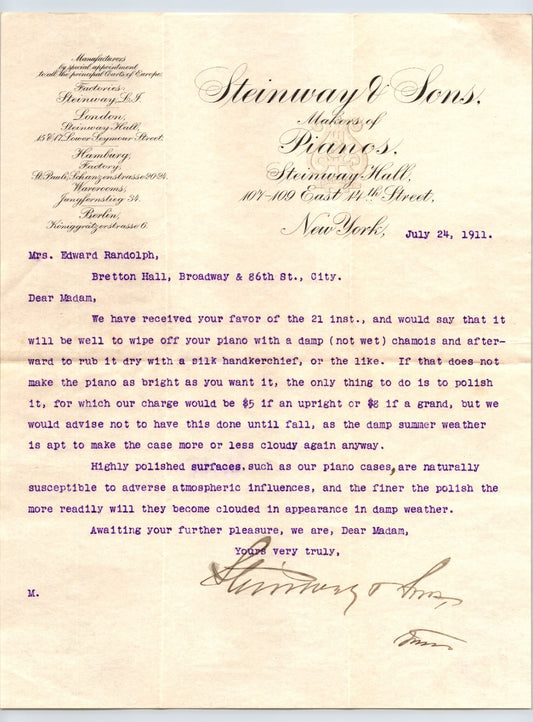 Steinway & Sons New York City 1911 Piano Care Bretton Hall Letterhead 8.5 x 11