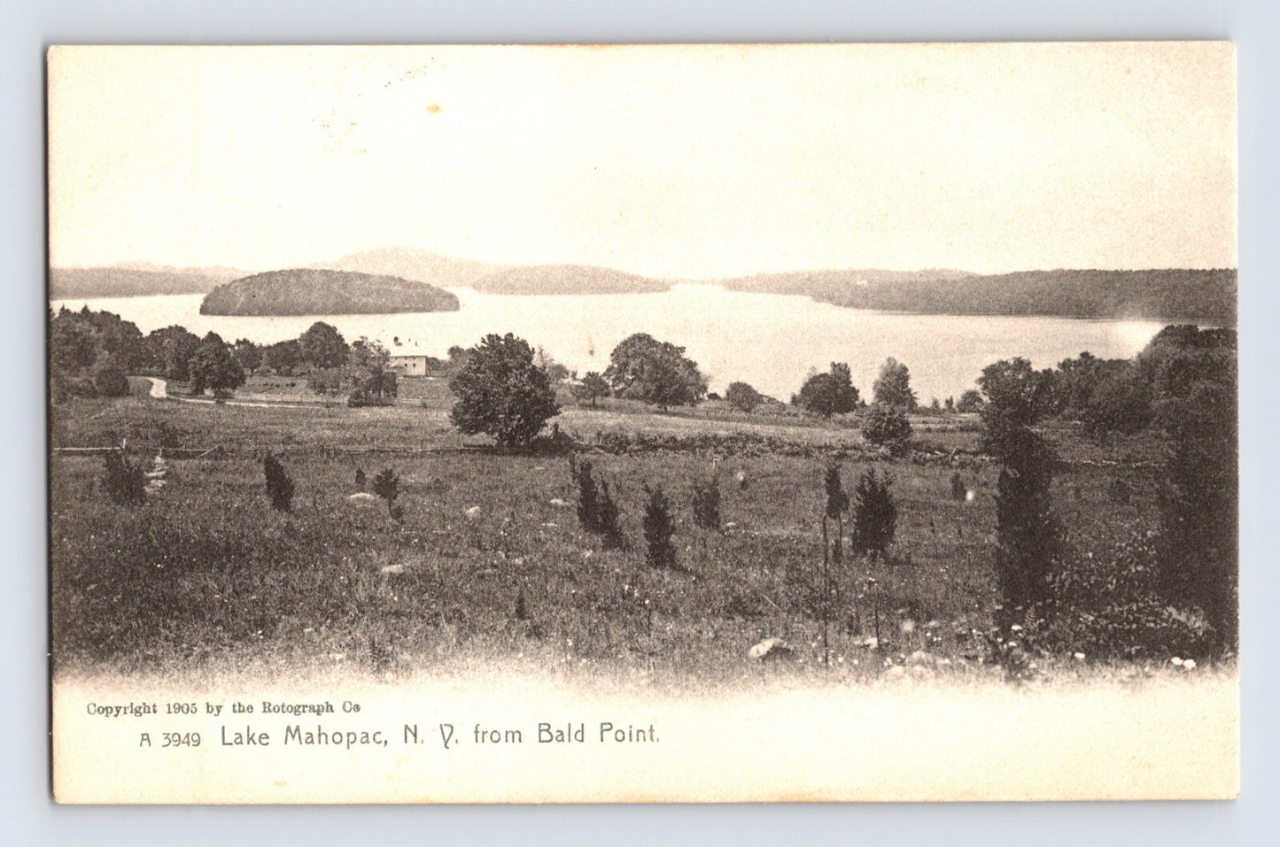 Lake Mahopac New York Bald Point pre 1907 postcard showing panoramic lake view with fields and scattered trees