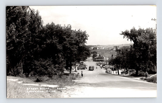 Main Street in Limestone Maine with A and P grocery store automobiles and tree lined sidewalks real photo postcard