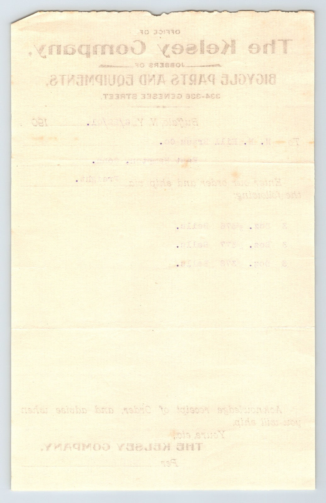 Kelsey Company Buffalo New York 1901 Bicycle Letterhead 8.5 x 5.5