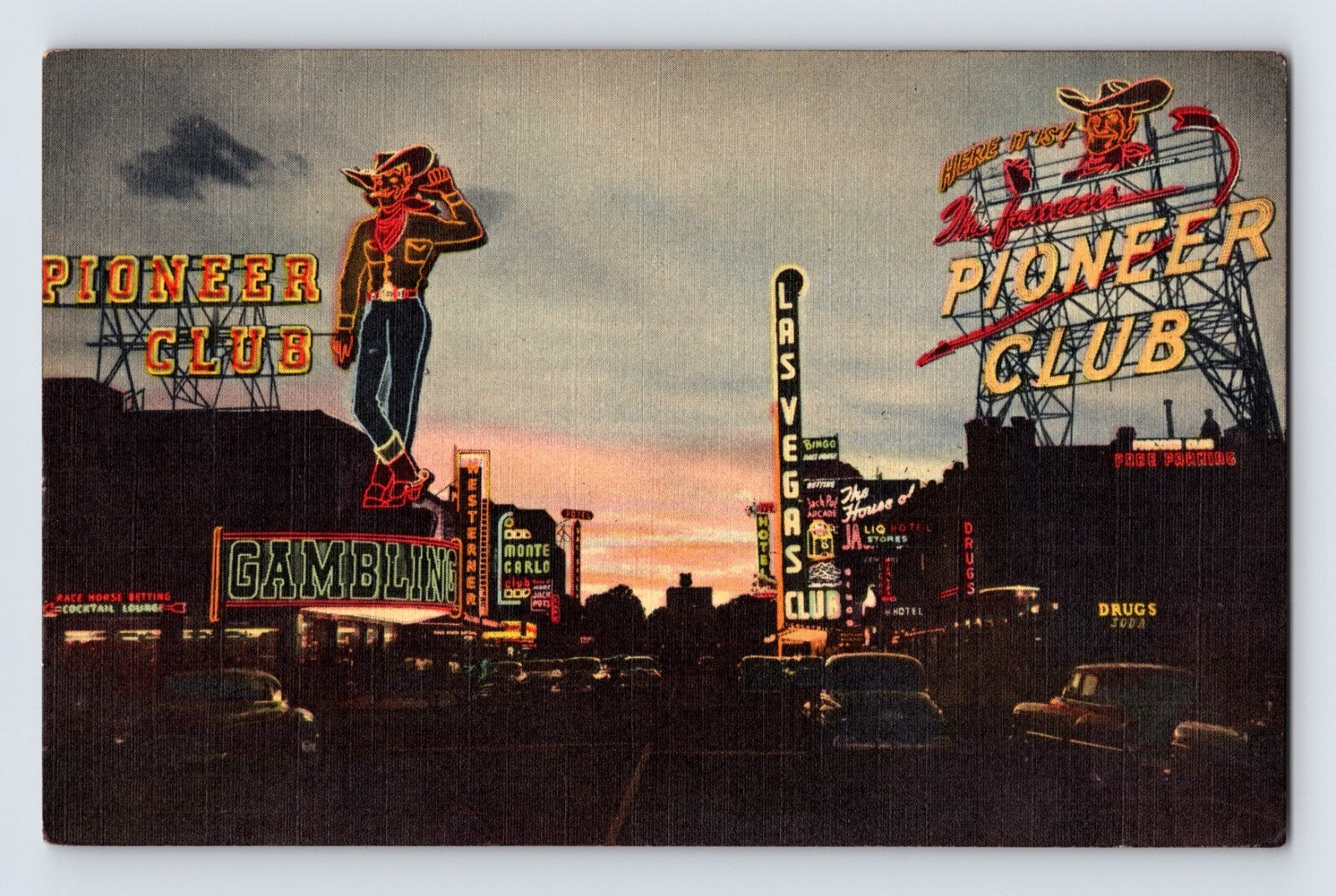 Las Vegas Nevada Pioneer Club neon cowboy sign Fremont Street 1950s postcard