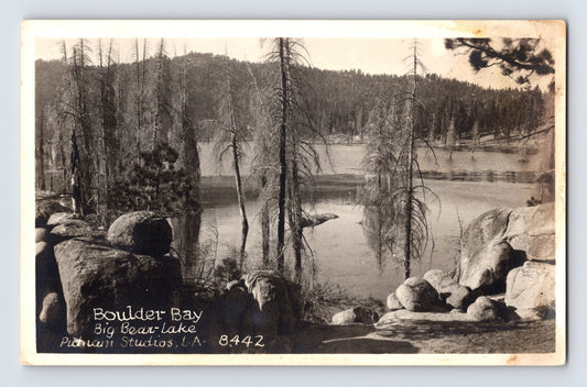 Big Bear Lake California Boulder Bay RPPC postcard with granite shoreline and forest lake scenery
