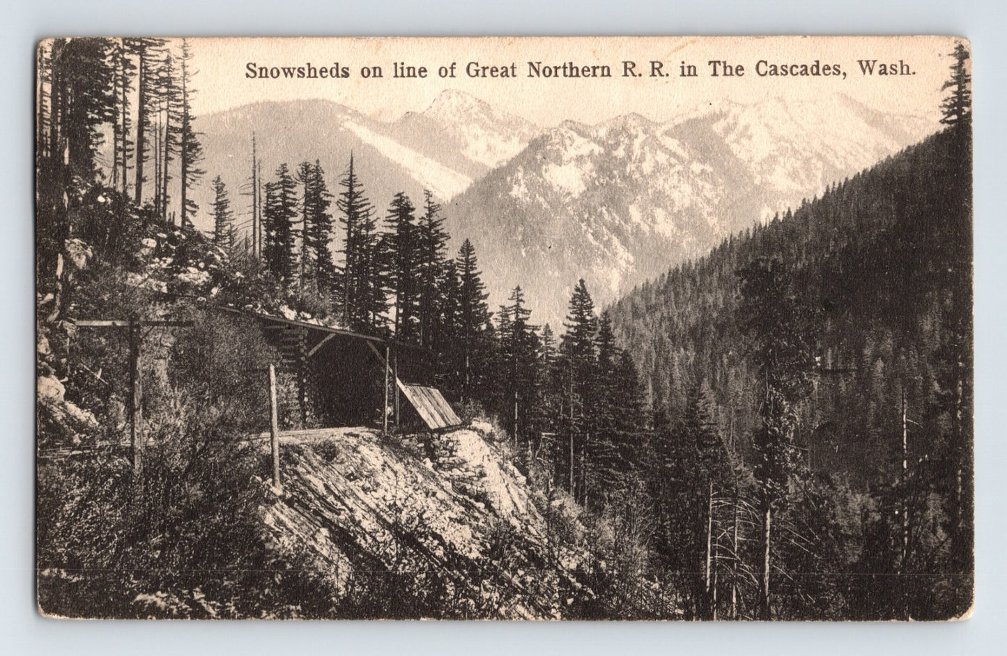 Cascade Mountains Washington Great Northern Railroad snow shed mountain rail line 1910s postcard