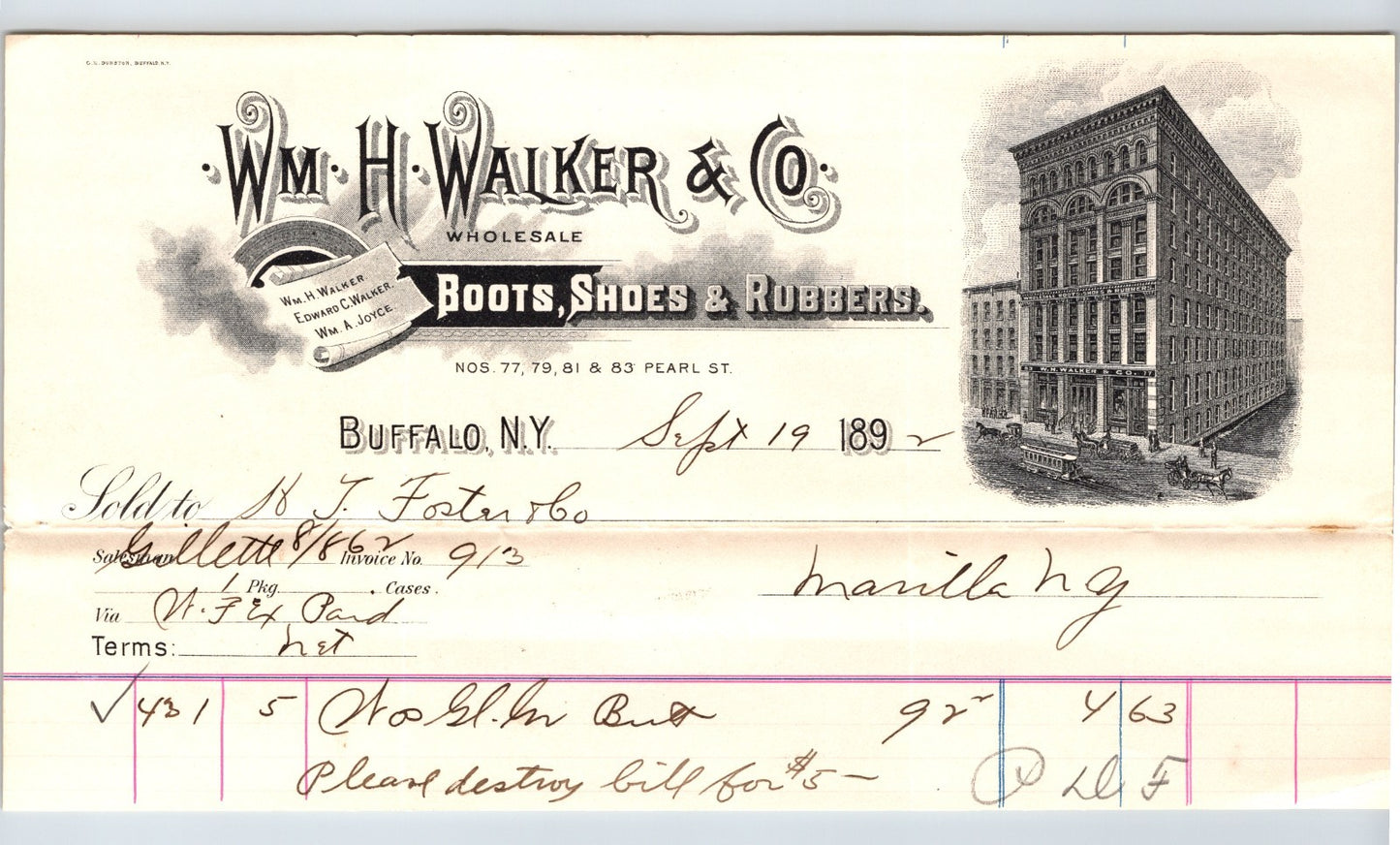 Buffalo New York 1892 Wm H Walker Boots Shoes Rubbers Billhead - 8.5 x 4.5