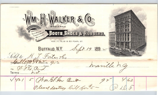 Buffalo New York 1892 Wm H Walker Boots Shoes Rubbers Billhead - 8.5 x 4.5