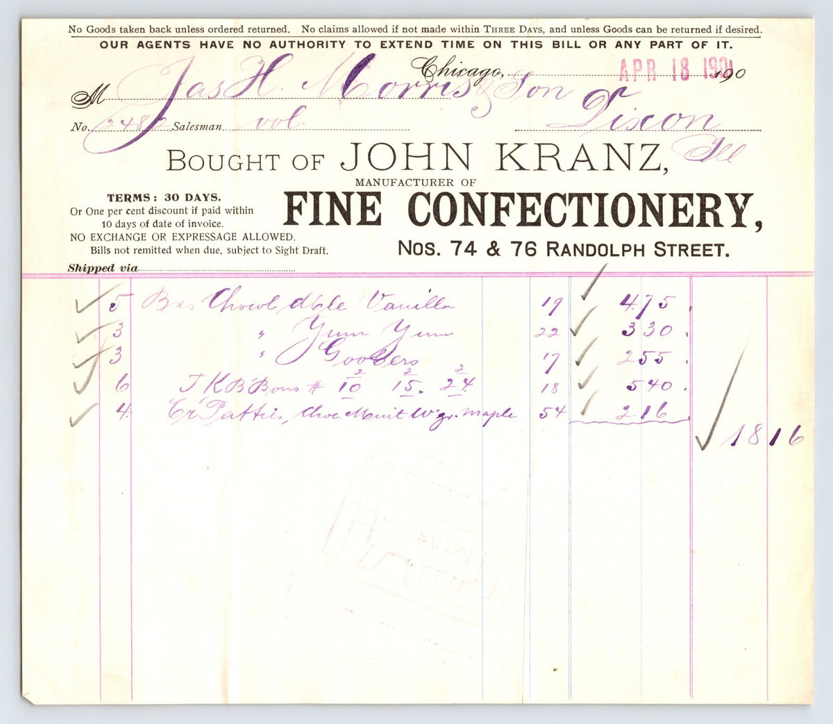 Chicago Illinois John Kranz fine confectionery 1900 billhead candy invoice document
