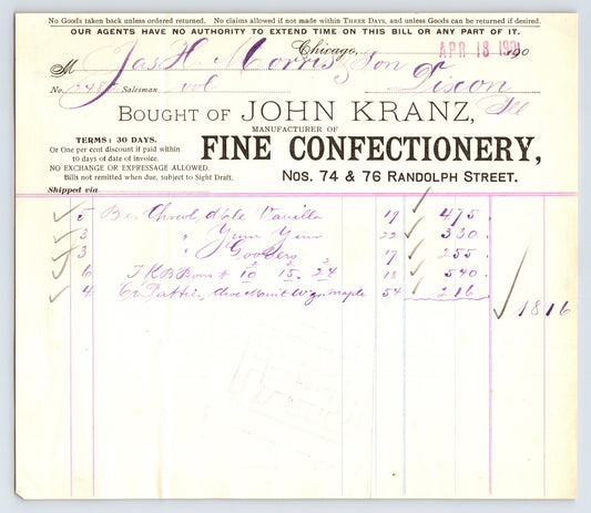 Chicago Illinois John Kranz fine confectionery 1900 billhead candy invoice document