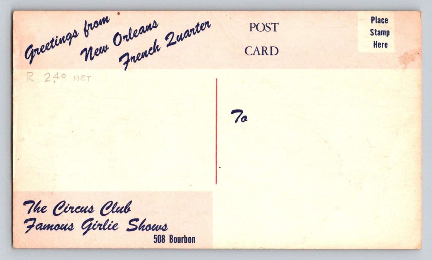New Orleans Louisiana Circus Club Risque Burlesque 1950s Postcard Unposted