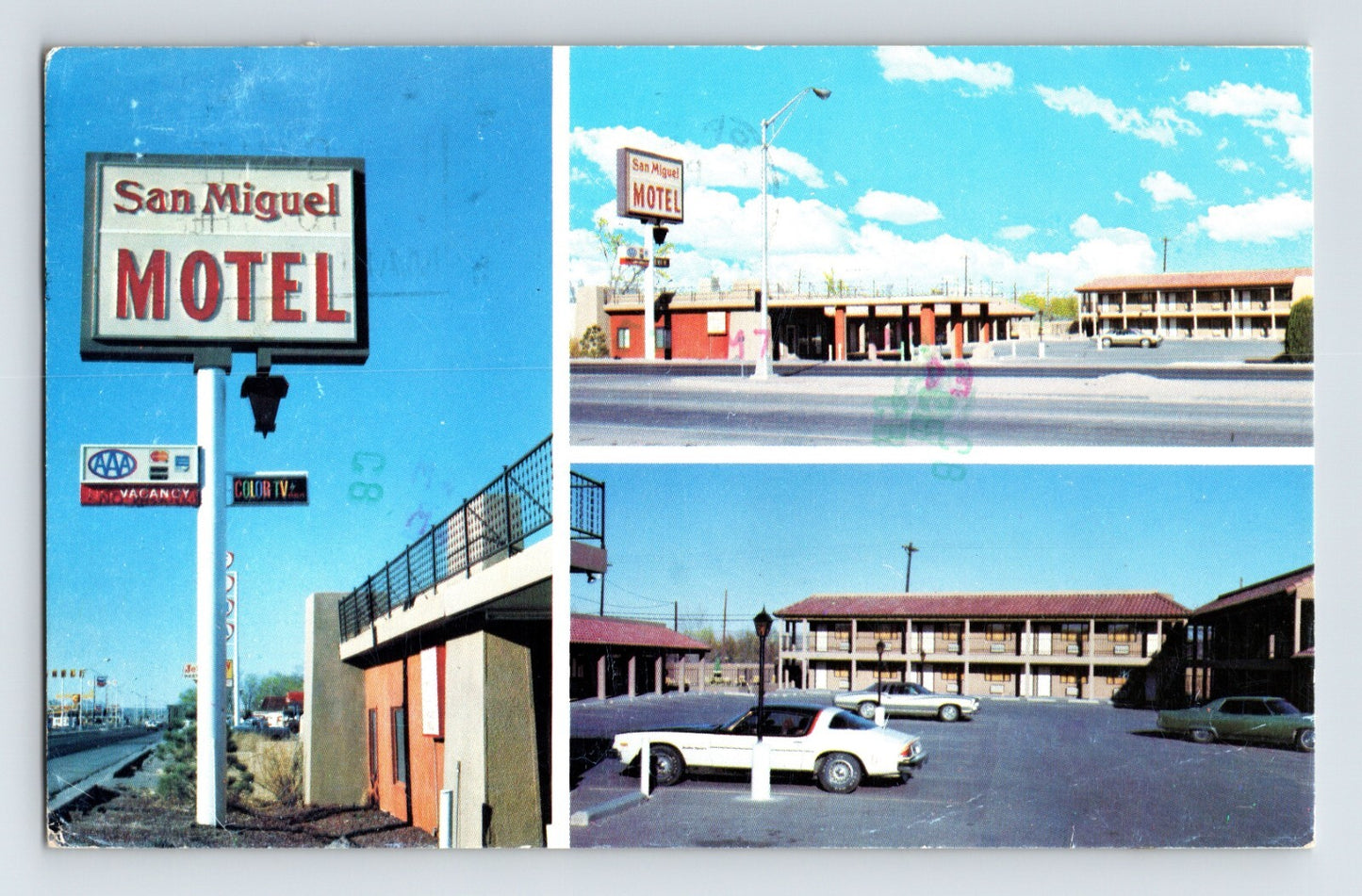 Socorro New Mexico San Miguel Motel roadside sign parking lot chrome postcard