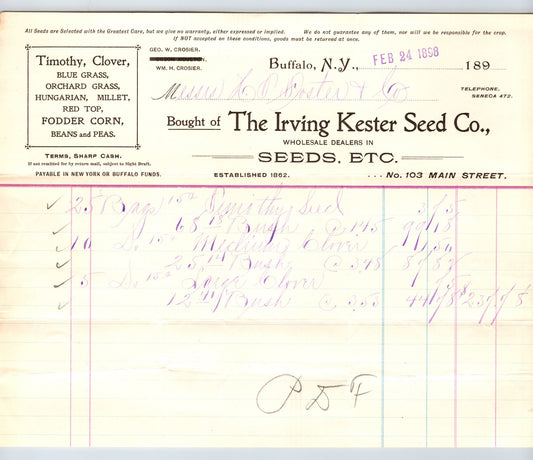 Buffalo New York 1898 Irving Kester Seed Company Billhead - 8.5 x 7