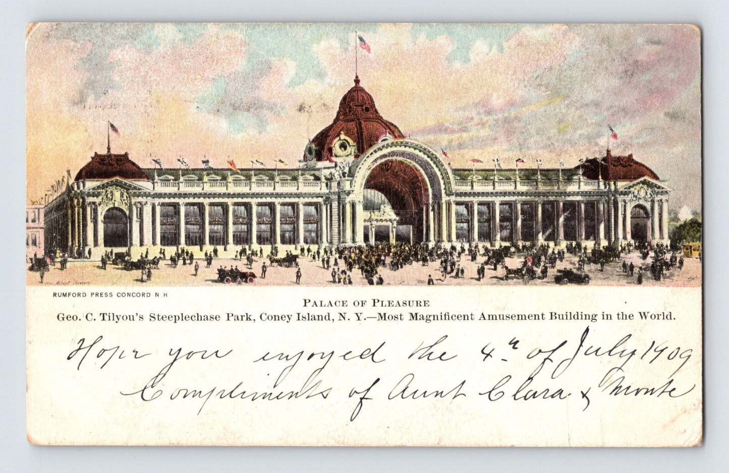 New York City Coney Island Steeplechase Park Palace of Pleasure 1909 postcard crowds amusement building