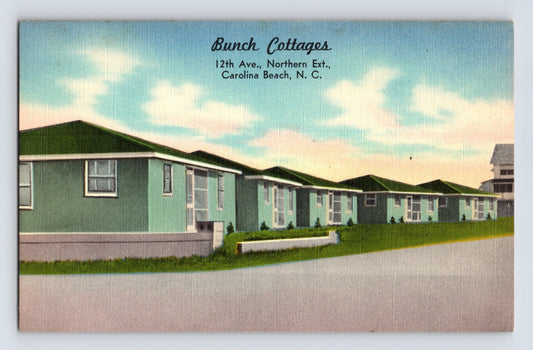 Carolina Beach North Carolina Bunch Cottages row of pastel rental cabins along 12th Avenue Northern Extension, 1940s linen postcard scene