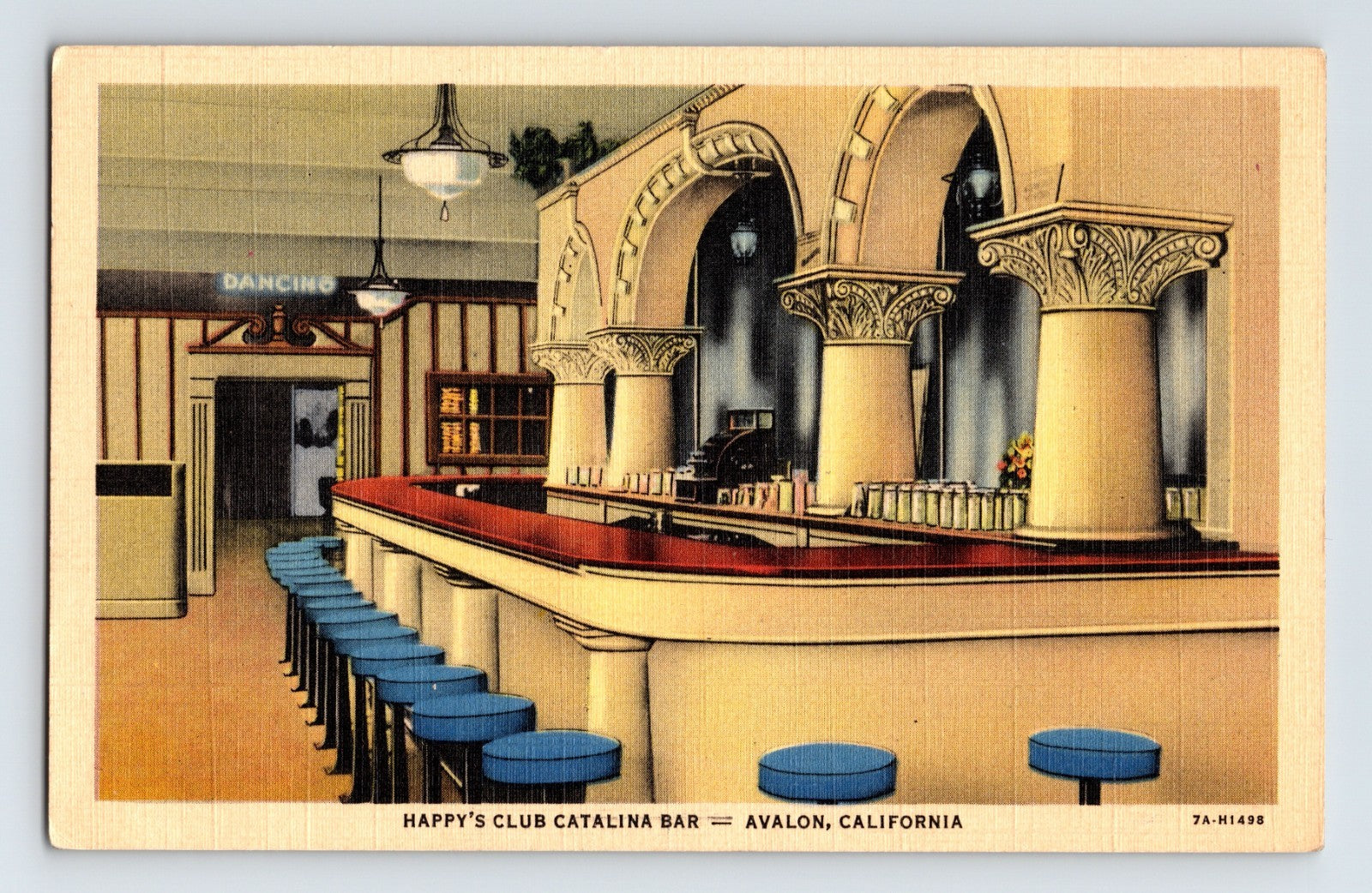 Avalon California Happy's Club Catalina Bar interior with arched columns red counter and blue stools 1940s linen postcard