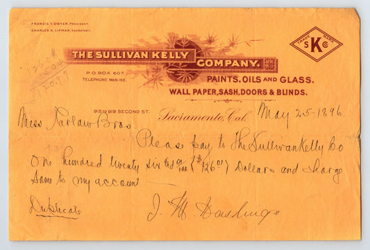 Sacramento California Sullivan Kelly Company 1896 billhead paints oils glass decorative letterhead