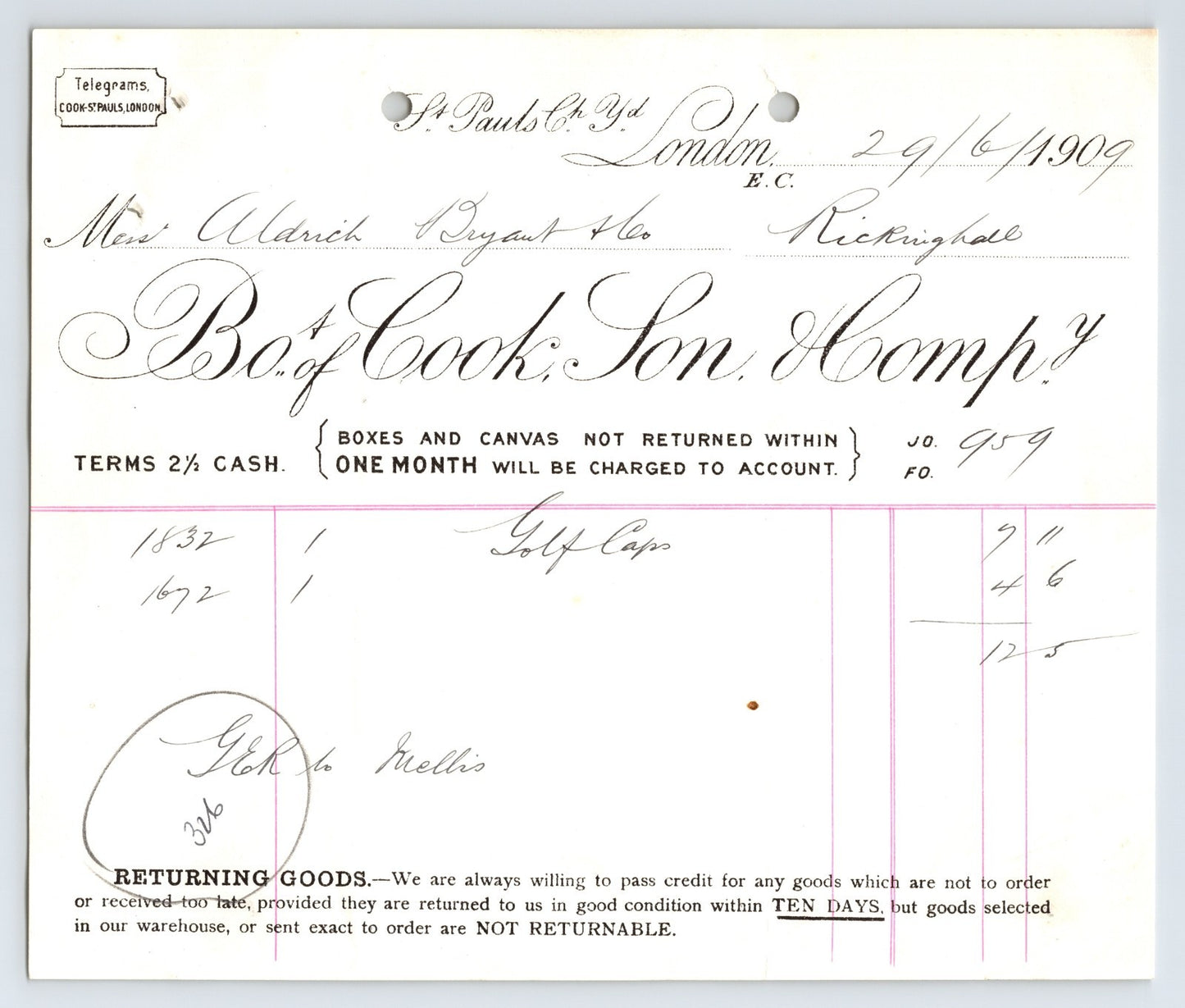 London England 1909 Box of Cook Son Company billhead invoice with ornate script lettering and handwritten transaction entries