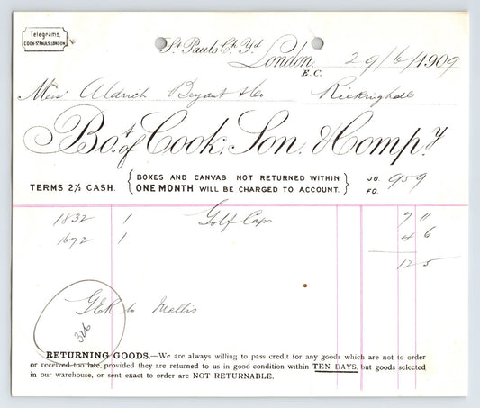 London England 1909 Box of Cook Son Company billhead invoice with ornate script lettering and handwritten transaction entries