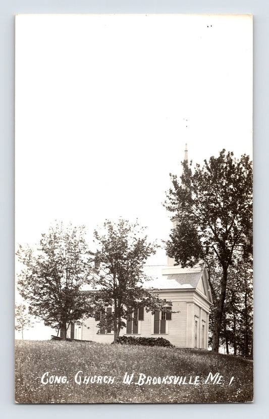 West Brooksville Maine Congregational Church hillside view photo 1950s postcard