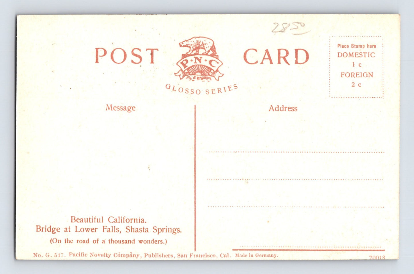 Shasta Springs California Lower Falls Bridge Gel 1910s Postcard Unposted Divided