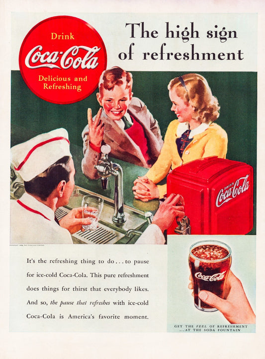 Coca-Cola 1938 soda fountain kids drinking Coke vintage magazine print ad