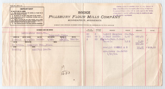 1914 Pillsbury Flour Mills Company invoice Minneapolis Minnesota billhead showing typed order entries pricing columns and printed company header
