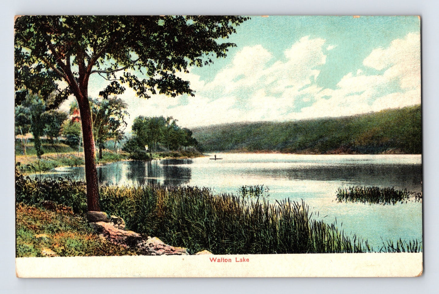Walton Lake Monroe New York scenic shoreline trees canoe early 1900s color postcard posted