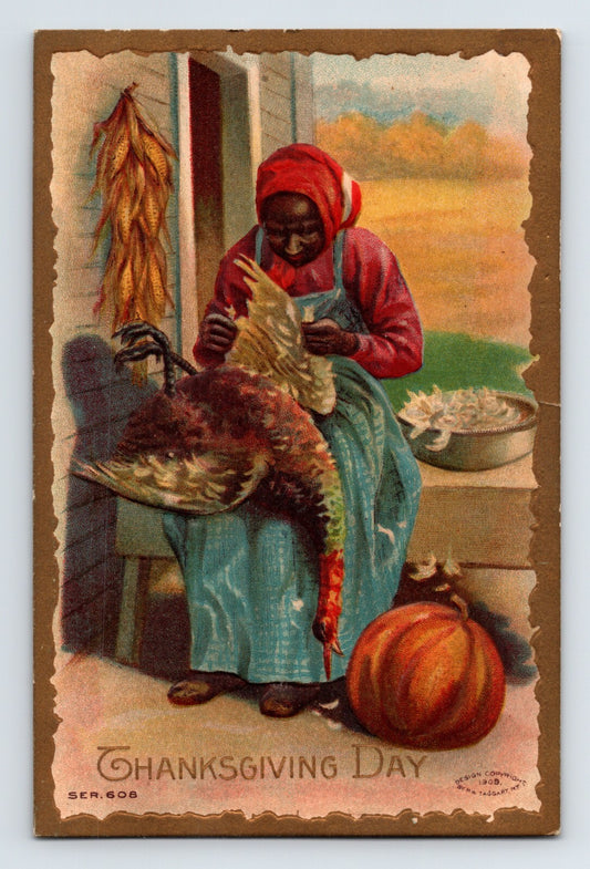 Thanksgiving postcard illustration of African American woman plucking turkey beside farmhouse with pumpkin 1909 holiday scene