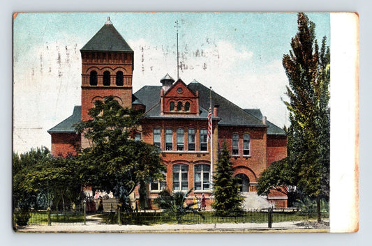Bakersfield California H Street Grammar School 1910s postcard with red brick school building and tower