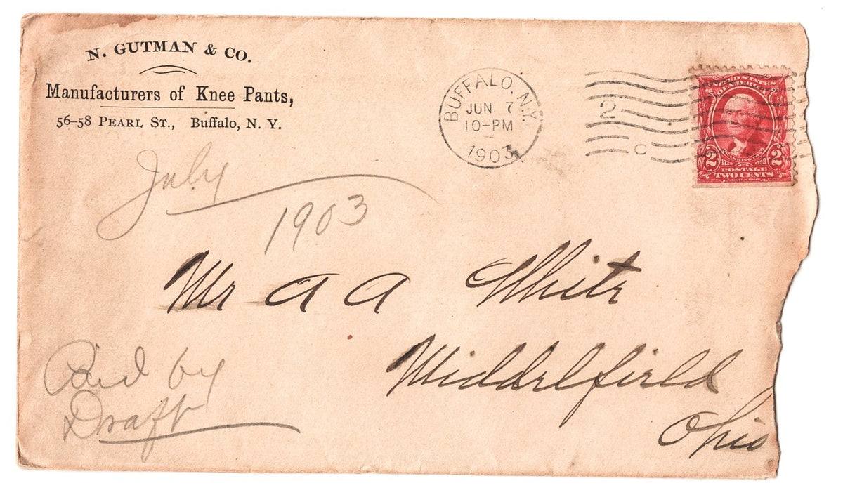 Cleveland Ohio 1903 N. Gutman Company Knee Pants Billhead with Envelope Cover