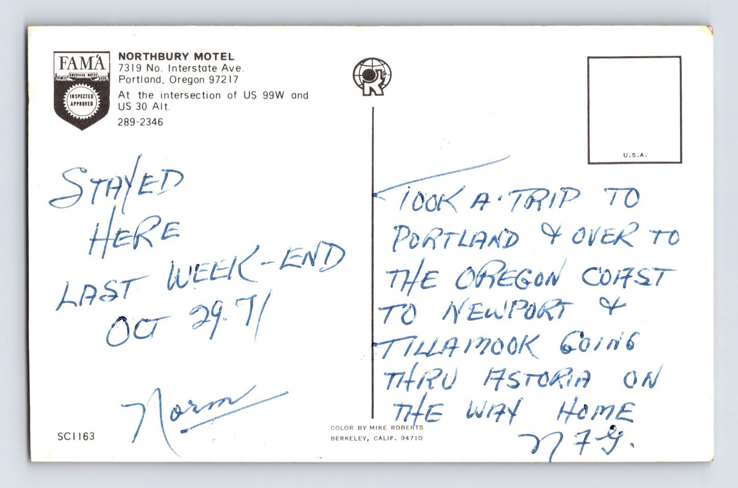 Portland Oregon Northbury Motel 1970s Postcard Unposted Chrome